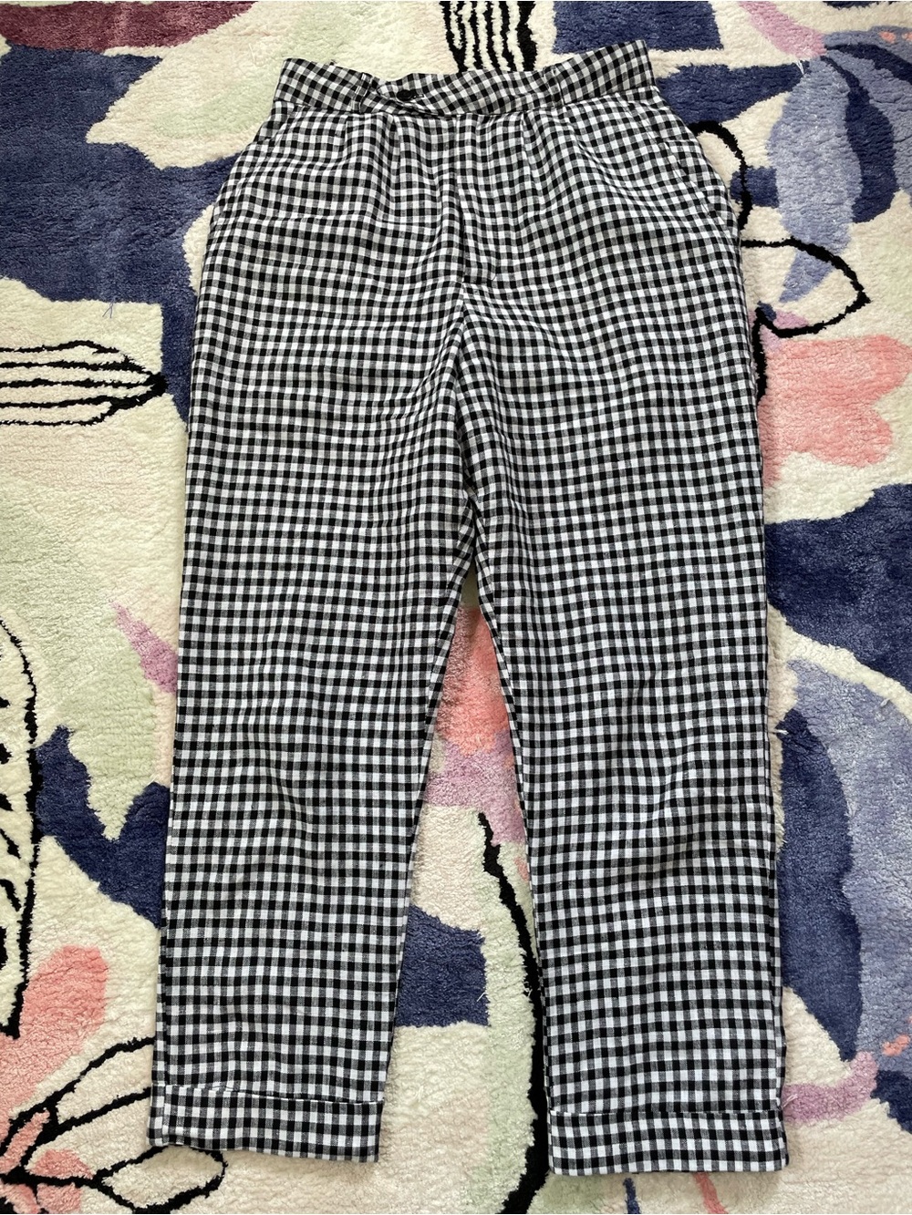 Reformation 100% linen black and white gingham cuffed high waist trousers 4